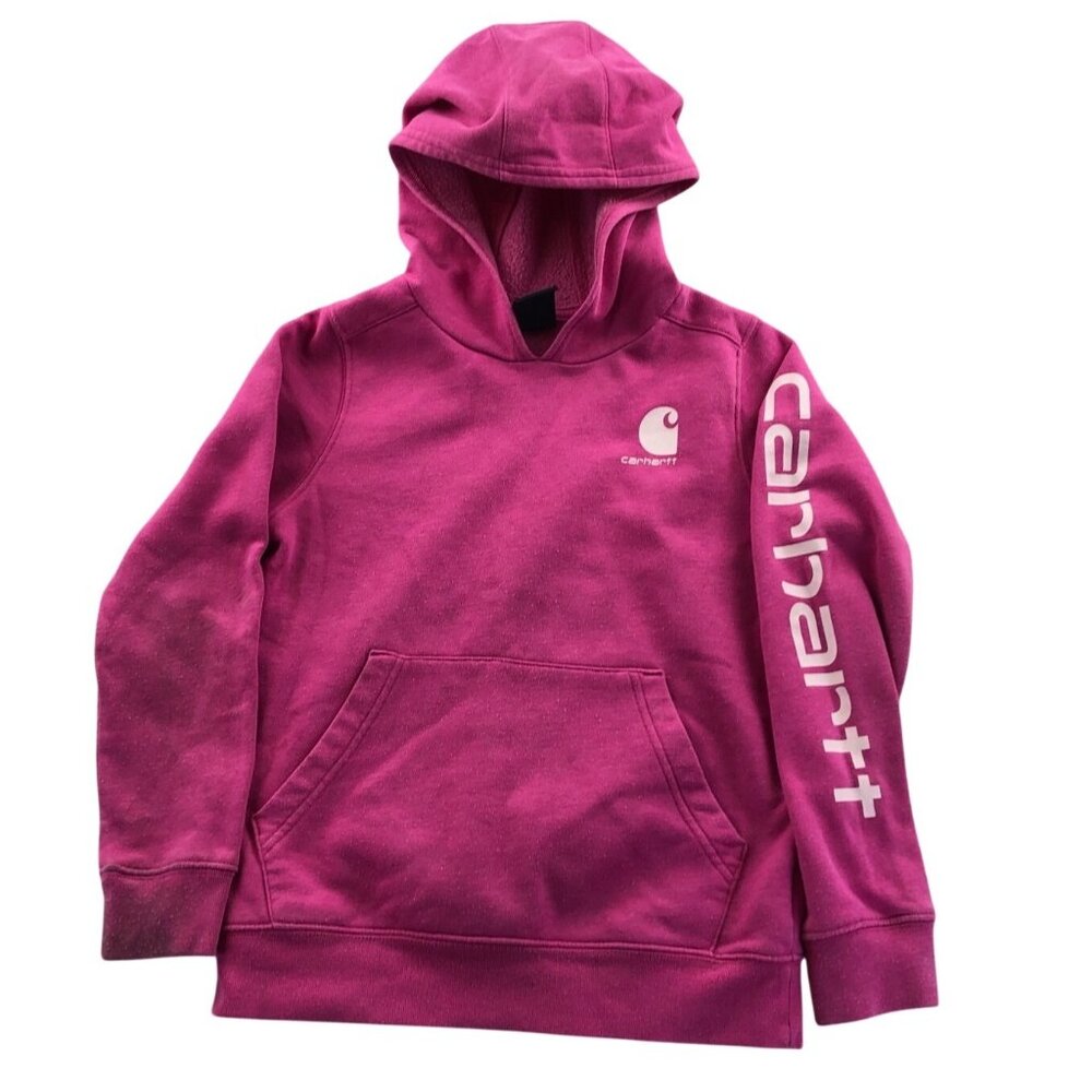 Carhartt Girls Pink Hoodie Size M (10) With Logo On Chest & Sleeve